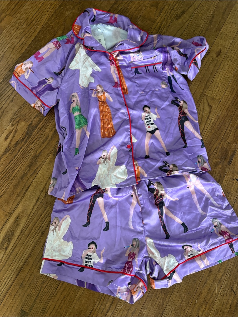 Taylor swift she show Lilac Graphic Satin Pajama Set with Red Piping